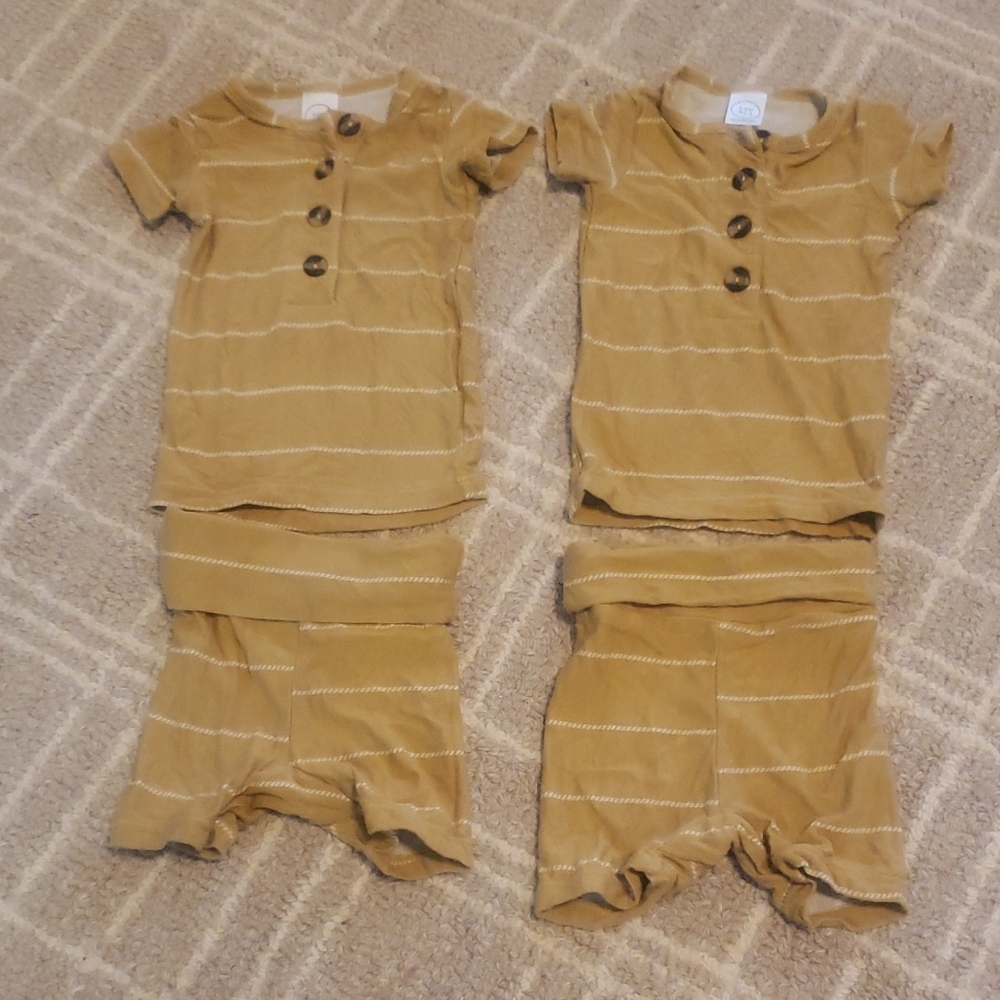 Twin Boy Mustard Striped Button-Up Baby Outfit Set X2